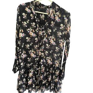 Zara Dress L Black Floral Mini Flowy Asymmetric Ruffle Delicate Whimsigoth